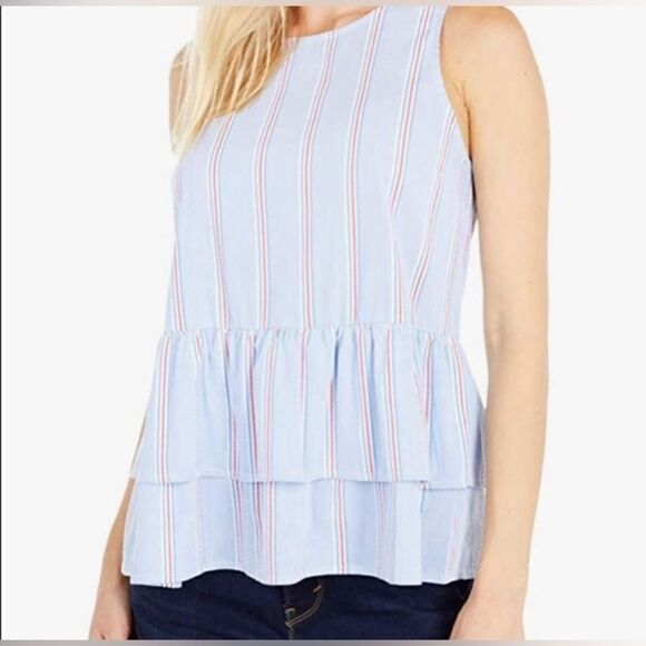 Vineyard Vines Nicholls striped light blue peplum tiered hem sleeveless top‎ - Picture 1 of 13